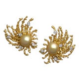 Golden South Sea Pearl and Diamond Earclips