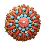 David Webb Coral and Turquoise Brooch