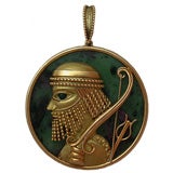 Retro 18kt Gold and Green Stone "Babylonian" Pendant