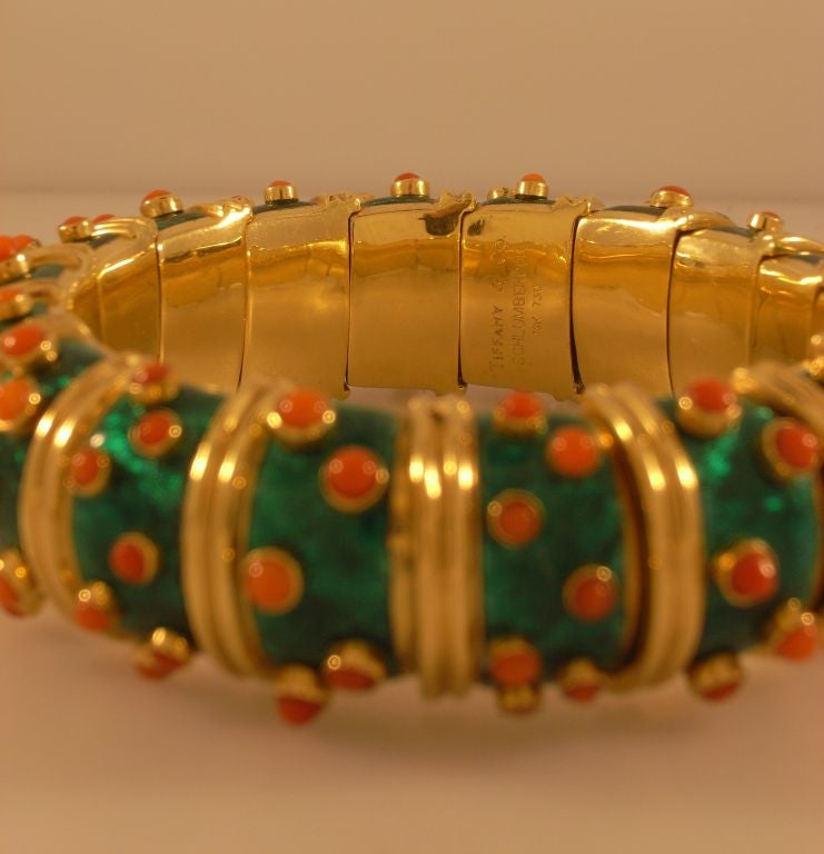 Green enamel and coral bangle by Jean Schlumberger for Tiffany