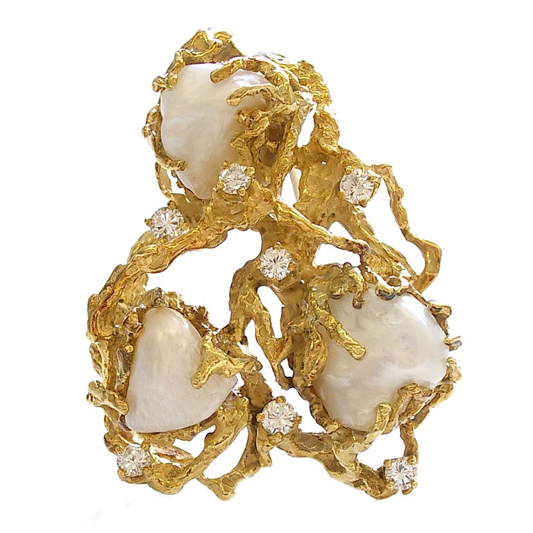 Gold, Pearl and Diamond Pendant/ Brooch by Arthur King c1970