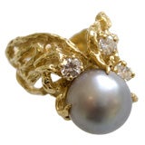 Gold, Diamond and Tahitian Pearl Ring by Arthur King c1970