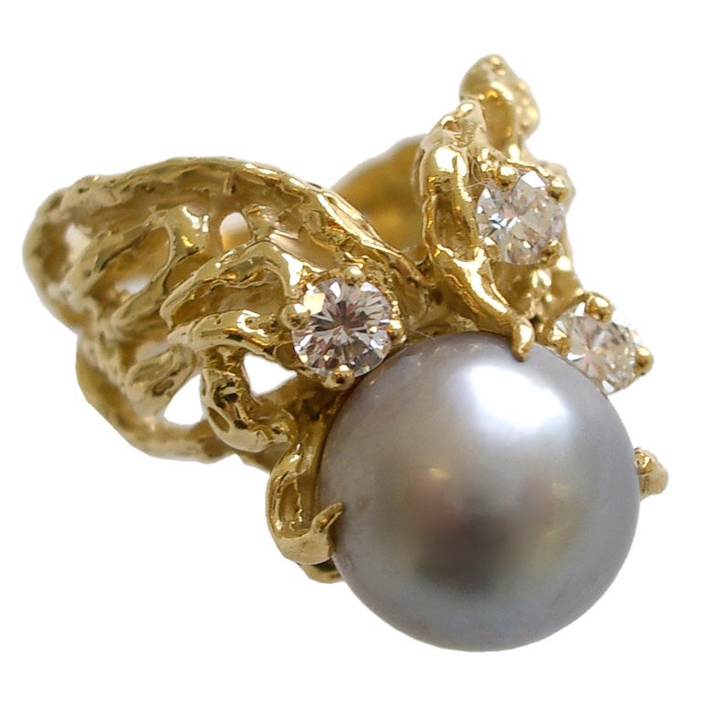 Gold, Diamond and Tahitian Pearl Ring by Arthur King c1970