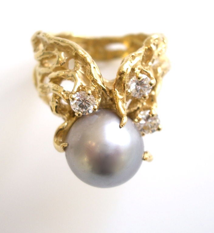 Women's Gold, Diamond and Tahitian Pearl Ring by Arthur King c1970