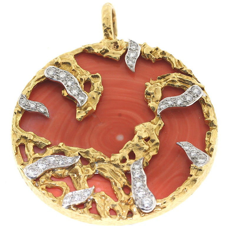 Kutchinsky 1970s Coral and Diamond Pendant