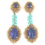 Turquoise and Lapis Unique Drop Ear Clips