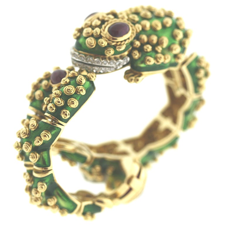 David Webb Enamel, Diamond and Ruby Frog Bracelet