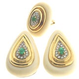 Fabulous ivory, Emerald and Diamond Earrings and Ring Set