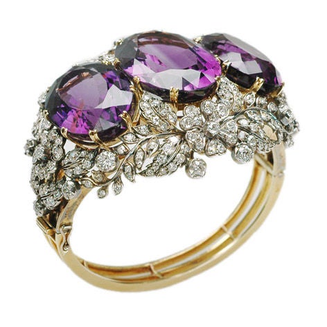 A magnificent antique amethyst and diamond bangle