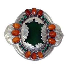 Antique Georg Jensen Brooch Amber & Chrysophase and Malechite