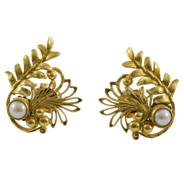Georg Jensen gold & pearl earrings #53 For Sale