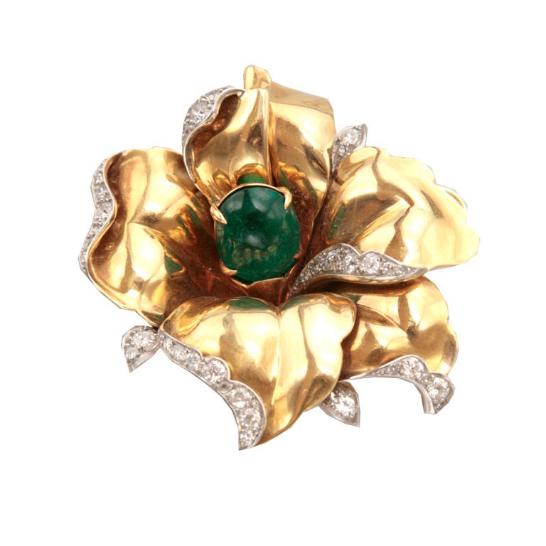 Gold, Diamond and Emerald Orchid pin by BOUCHERON Paris. For Sale