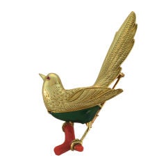 BOUCHERON Green Agate and Coral Bird Pin