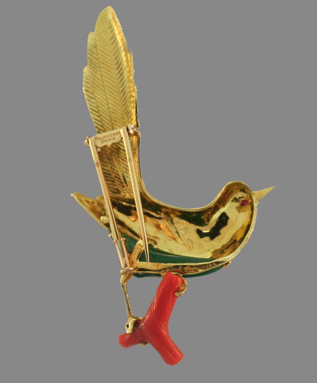 BOUCHERON Green Agate and Coral Bird Pin