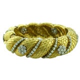 Vintage Diamond and Yellow Gold Bangle Bracelet Handmade Carved Feathers