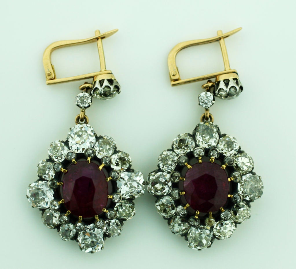 Burma Ruby and Diamond Victorian Earrings in 18k Yellow Gold