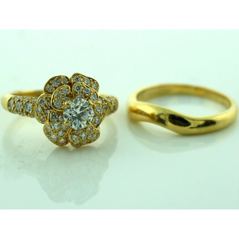"Chanel" Diamond & 18K Yellow Gold Ring & Matching Gold Band Set