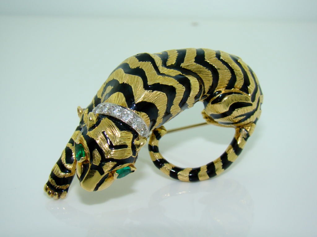 Diamond & Emerald David Webb Tiger Broach in 18K Gold & Platinum