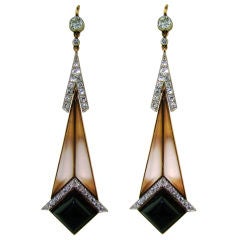18K Rose Gold Earrings w/ Diamonds, Rock Crystal, & Onyx