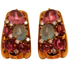 "Clunn" 18K Gold Earrings w Diamond, Aquamarine, Pink Tourmaline