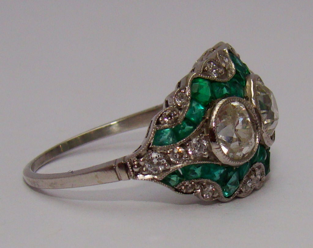 Handmade Platinum Diamonds and Emerald Ring Art Deco Style at 1stdibs
