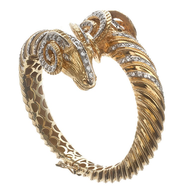 Yellow Gold Double Rams Head Design Bracelet at 1stDibs