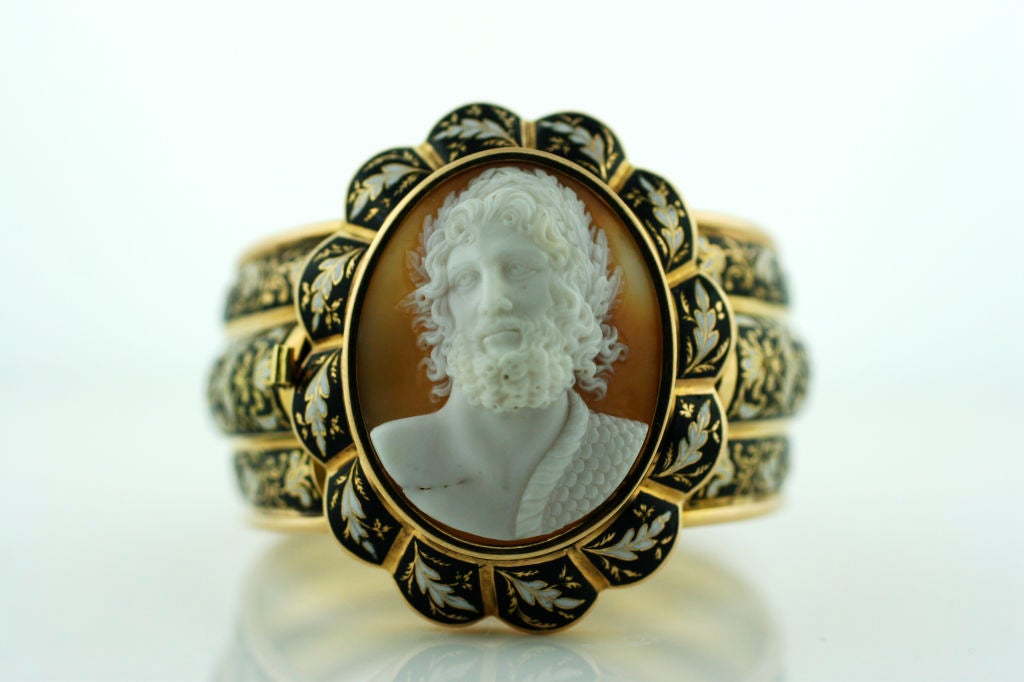 "Zeus" Shell Cameo and Enamel Bangle Bracelet