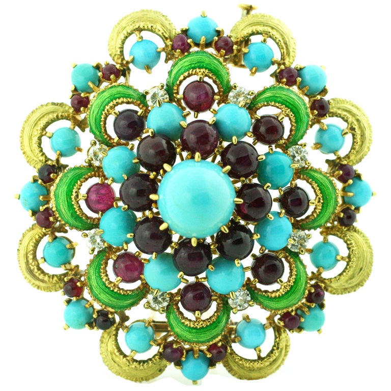 1950's Diamond, Turquoise, Ruby & Enamel Handmade Brooch