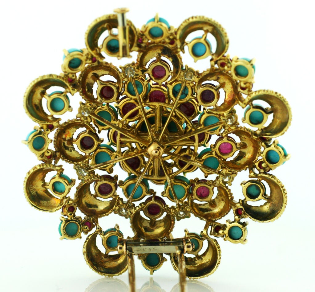 1950's Diamond, Turquoise, Ruby & Enamel Handmade Brooch In Excellent Condition In Carmel-by-the-Sea, CA