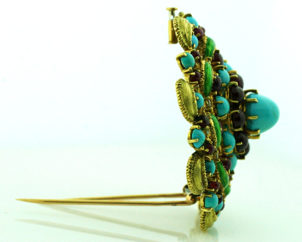 Women's 1950's Diamond, Turquoise, Ruby & Enamel Handmade Brooch