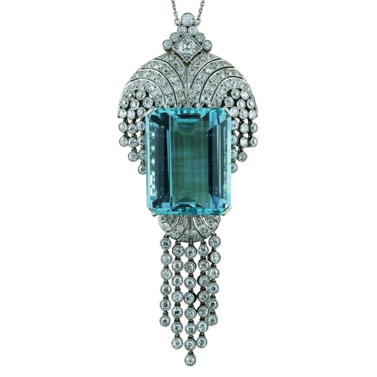 Art Deco Platinum Pendant with Aquamarine & Diamonds