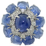 Cabachon Blue Sapphire Ring w/ Diamonds in 18K White Gold