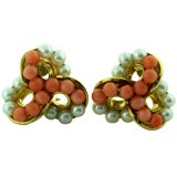 "Seaman Schepps" Coral & Pearl Bead Earrings in 18K Yellow Gold