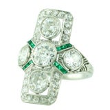 Deco Diamond and Emerald Platinum Ring