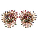 Multi Stone StarBurst Earrings w Ruby, Sapphire, & Emerald-18K