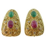 Ruby & Emerald Cabachons in 18K Yellow Gold Earrings w Diamonds