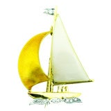 18K Yellow Gold & Enamel Sailboat Brooch w/ Diamonds