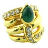 Snake Ring 18K Yellow Gold w Diamonds and Center Emerald