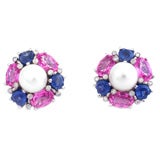 Platinum, Pearl, Diamond, Pink and Blue Sapphire Earrings