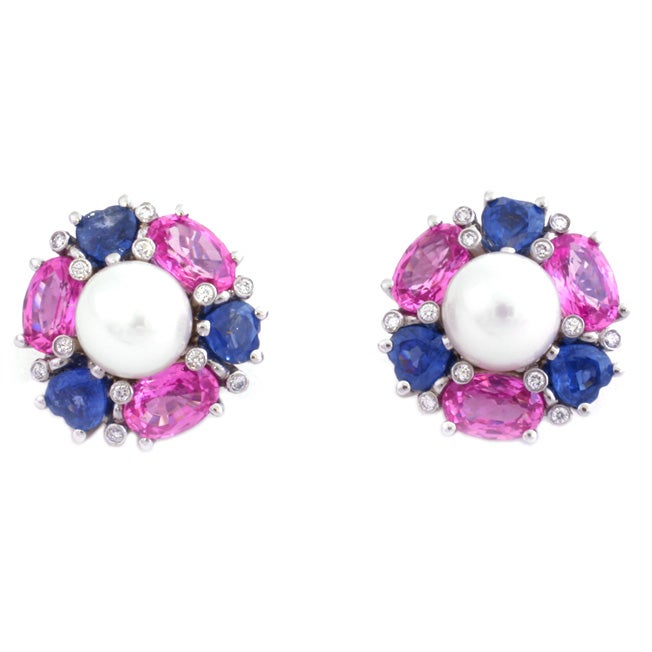 Platinum, Pearl, Diamond, Pink and Blue Sapphire Earrings For Sale at ...