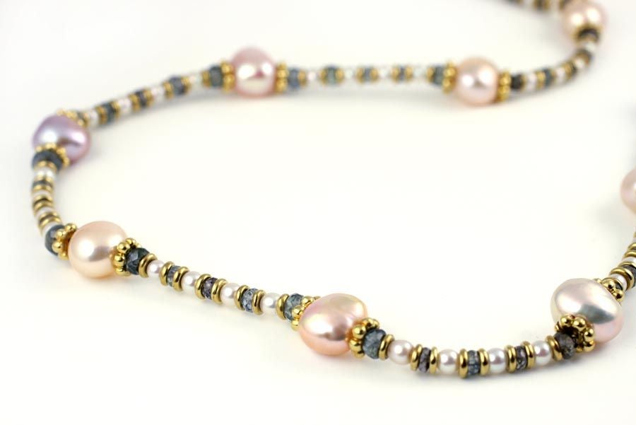 18KT Gold, Sapphire and Pearl Necklace.  Designed and made in-house by Julius Cohen New York.
