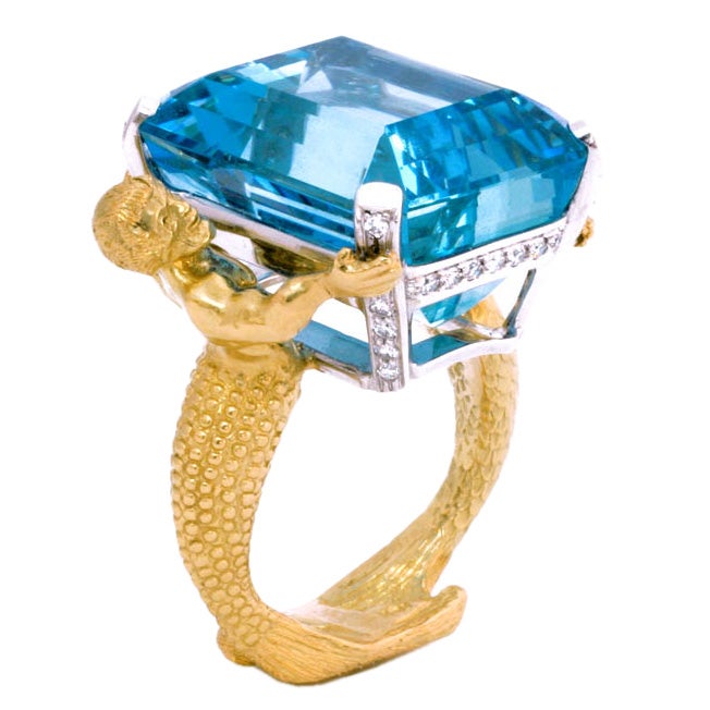 18kt Gold, Platinum, Diamond and Aquamarine Mermaid Ring