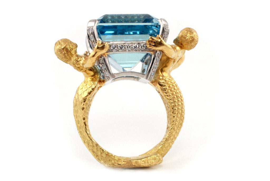 Women's 18kt Gold, Platinum, Diamond and Aquamarine Mermaid Ring