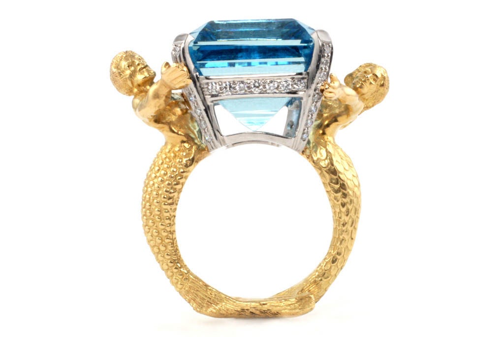 Contemporary 18kt Gold, Platinum, Diamond and Aquamarine Mermaid Ring