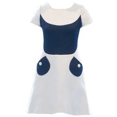 1960s Navy and White Cotton Piquet Courreges Couture Dress