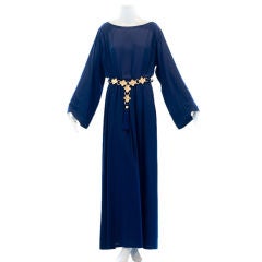 1970s Yves Saint Laurent Deep Marine Blue Goddess Gown