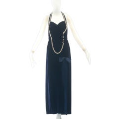 Retro 1980s Midnight Blue Velvet Chanel gown with Oversized Pearls