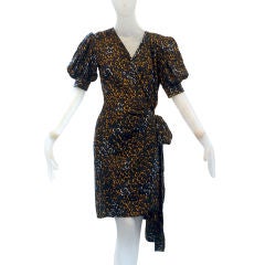 1980s Silk Yves Saint Laurent Wrap Dress with Poufed Sleeves