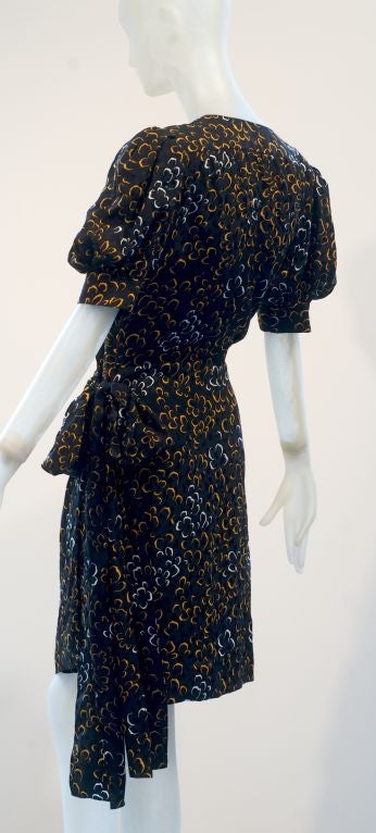 Women's 1980s Silk Yves Saint Laurent Wrap Dress with Poufed Sleeves