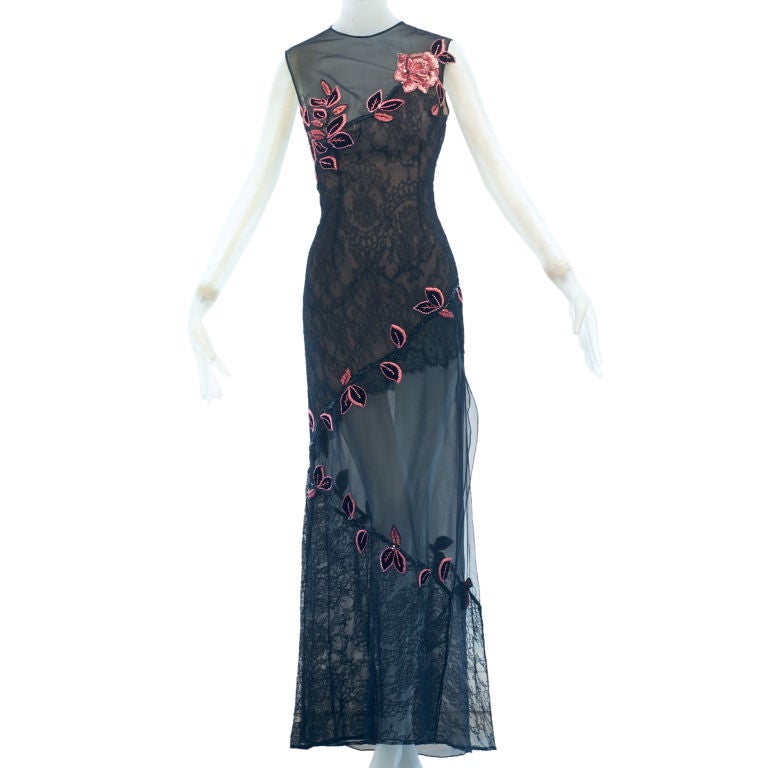 1980 Curiel Couture Embroidered Lace and Transparent Gown